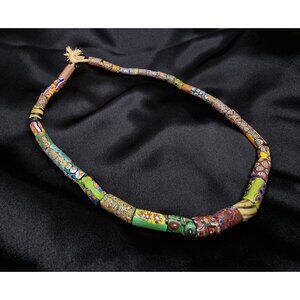 Vintage Millefiori Glass Bead Necklace With Vibrant Multicolor Patterns